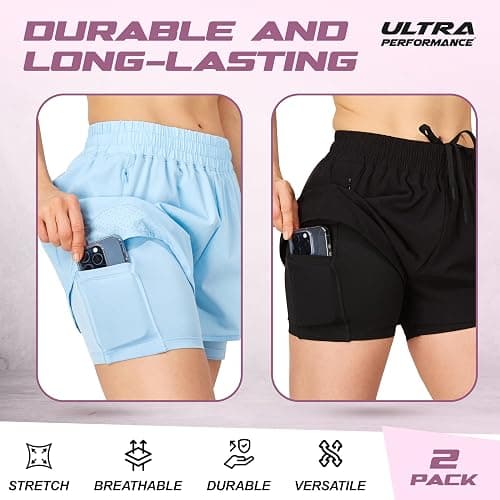 Ultra Performance Gym Shorts Women Pack of 2, Nylon Compression Workout Shorts Women with Liner - Medium - Black, Bell Blue thumbnail 5