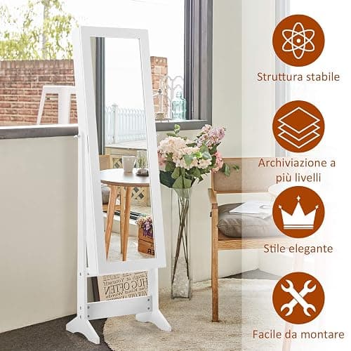 COSTWAY Specchio Portagioie da Terra, Armadietto Portagioie con Specchio a 3 Angoli, Organizer per Gioie Camera da Letto, 35 x 30 x 144 cm (Bianco) thumbnail 7