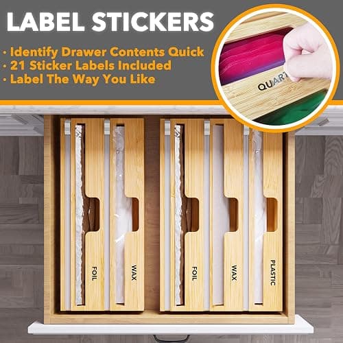 SpaceAid WrapNeat 2 in 1 Wrap Organizer with Cutter and Labels, Plastic Wrap, Aluminum Foil and Wax Bamboo Dispenser for Kitchen Storage Organization Holder for 12" Roll (Natural, 2-Slot) thumbnail 4