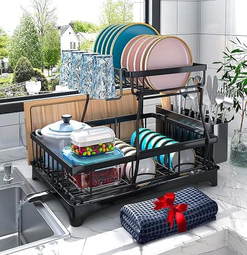 Godboat Dish Drying Rack, 2-Tier Dish Rack with Auto-Drain & Mat, Dish Racks for Kitchen Counter, Dish Drainer with Knife, Fork & Cup Rack, Gifts for Women, Mothers Day, Cool Stuff & Kitchen Gadgets - Image 1