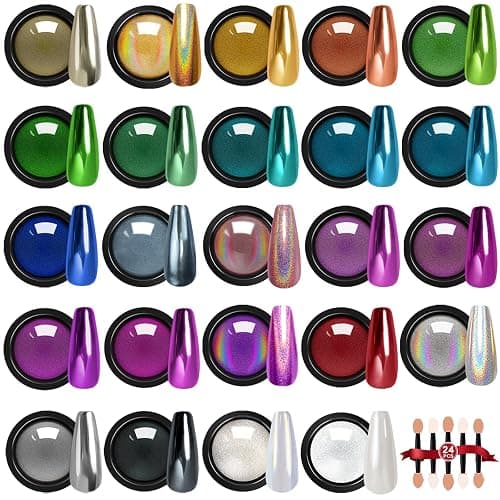 Gold Silver Chrome Nail Powder, 24 Colors White Pearl Unicorn Iridescent Holographic Nail Chrome Powder, Red Blue Green Black Purple Rose Gold Metallic Mirror Chrome Powder for Nails Glitter Pigment - Image 1
