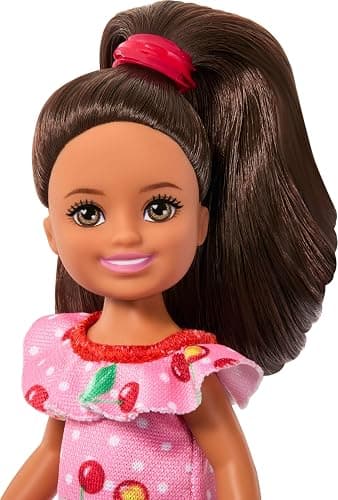 Barbie Club Chelsea Small Doll, 6-Inch Lula with Brunette Hair Wearing Removable Cherry-Print Dress & Sandals, JJB35 thumbnail 2