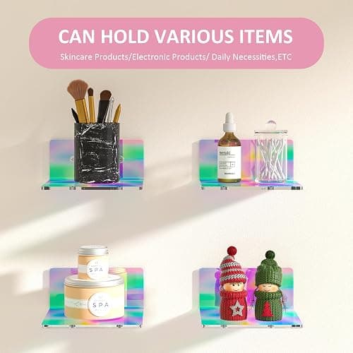 Sezanrpt 6 Inches Iridescent Small Wall Shelves, Acrylic Floating Shelf for Small Space, Acrylic Display Ledges for Funko Pop Figures, Home Décor, Plants, Smart Speaker, Digital Clock, 4 Pack thumbnail 5