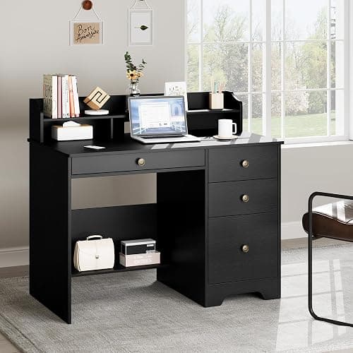 TTVIEW Computer Desk with Drawers and Hutch Shelf, Wood Executive Desk Writing Study Table with 43” Wide Tabletop, Small Desk with File Drawer for Home Office Bedroom, Black thumbnail 6