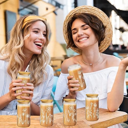 Mumufy 4 Pack Gift for Women Cute Glass Cup Tumbler Flower Iced Coffee Mugs 16 oz Glass with Bamboo Lid & Straw, Mothers Day Birthday Gift for Mom Sister Bridesmaid Baby Shower (Boho Floral) thumbnail 6