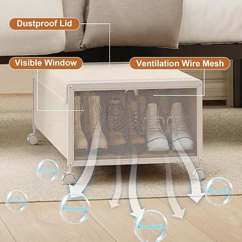 Fokyfok 2PC Under the Bed Storage Containers,12 inch Height Under Bed Shoe Storage,31inch Long Underbed Storage with Wheels,Large Rolling under bed Clothes Storage Drawers with Lid for Dorm Tall,Ivory thumbnail 5