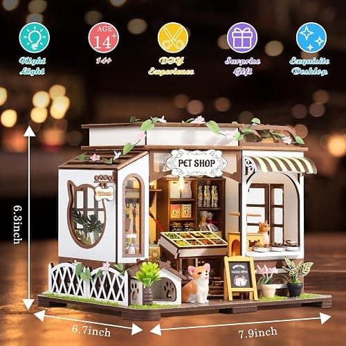 DIY Miniature House Kit,Tiny House Pet Shop with Furniture & LED,DIY Dollhouse Miniature Kit for Adults Teen,Mini House Building kit,3D Wooden Craft Mini Model Kit,Birthday Gifts Home Decor thumbnail 3