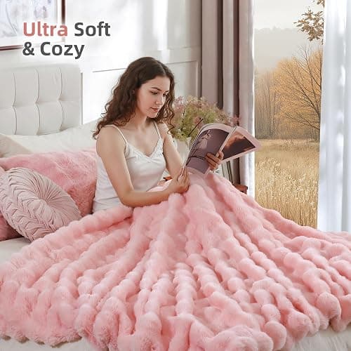 Smoofy Faux Fur Throw Blanket for Couch – Blush Pink Fluffy Cozy Rabbit Fleece, Plush Soft Bubble Blanket for Sofa & Bed, for Mom, Warm Fuzzy Home Room Decor Throw 50" x 60" thumbnail 5