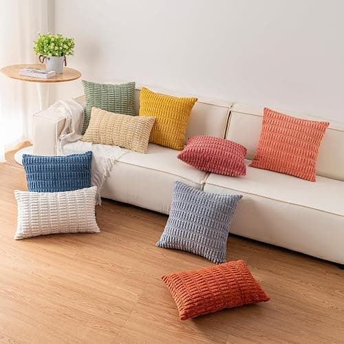 Aegero Pack of 2 Corduroy Decorative Throw Pillow Covers 18x18 Inch Soft Striped Pillow Covers Modern Farmhouse Home Decor for Sofa Living Room Couch Bed(Cream White) thumbnail 7