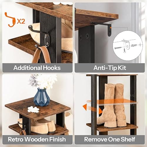 HOOBRO 8 Tiers Vertical Shoe Rack, Wooden Shoe Storage Organizer with Hooks, Narrow Shoe Tower for 8 Pairs, Space Saving, for Entryway, Living Room, Bedroom, Rustic Brown BF07XJ01G1 thumbnail 5