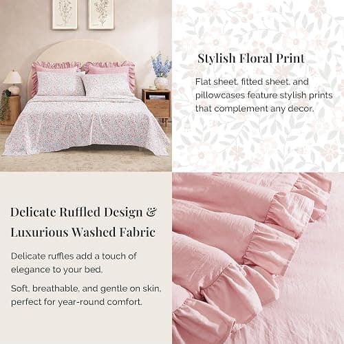 BLOOMHAVEN Twin XL Comforter Set - 5 Pieces Ruffle Soft Pink Bedding Sets, Shabby Chic Farmhouse Bed in a Bag Twin XL with Ruffle Comforter, Floral Sheets, Pillowcases & Shams thumbnail 4