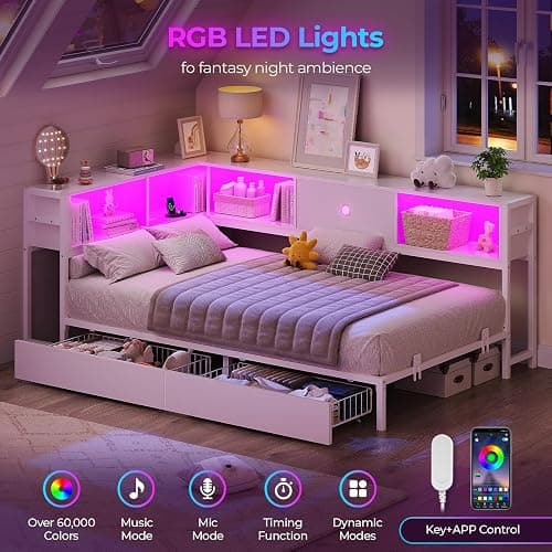 Hasuit Corner Twin Bed Frame with Storage Drawers and Bookcase Headboard, Twin Size Metal Platform Corner Bed Frame with Charging Station and LED Lights, Twin Daybed for Kids Teens Guests, White thumbnail 4