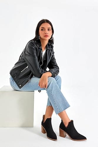Kathemoi Womens Slip on Ankle Boots V Cutout Pointed Toe Chunky Stacked Mid Heel Booties thumbnail 2