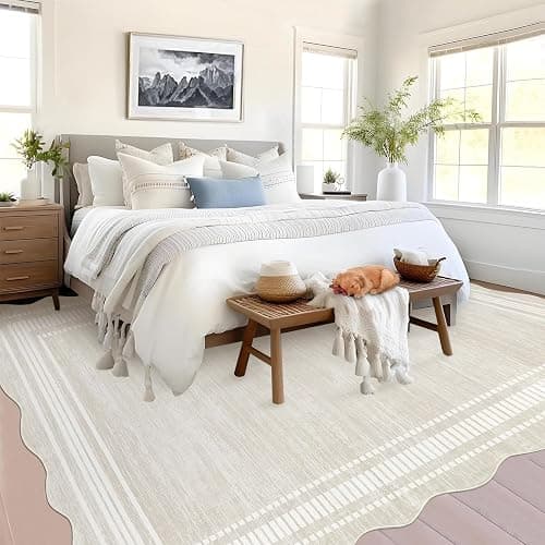 GarveeHome Scalloped Christmas Rugs 8x10 Washable Area Rugs for Living Room, Modern Bordered Solid Rug for Bedroom, Scalloped Non-Slip Stain Resistant Carpet for Dining Room Farmhouse Dorm, Cream thumbnail 6