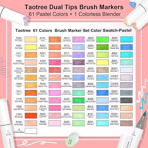 Taotree Alcohol Brush Markers Art Supplies, 61 Pastel Colors Dual Tip Art Coloring Markers Pens, Brush & Fine Tip Sketch, Drawing Supplies Gift for Artist Adult Coloring Book Painting, Sketching thumbnail 3
