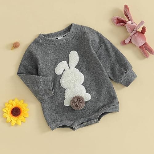 VISGOGO Newborn Infant Baby Boy Girls Oversized Romper Little Dude Sweater Onesie Coming Home Outfit Neutral Clothes - 0-6 Months - Grey-rabbit thumbnail 3