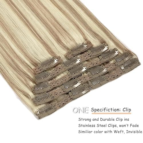 Caliee Piano Golden Brown #10 Mixed Bleach Blonde #613 Seamless Clip in Hair Extensions Double Weft Lace Invisible Silky Straight Remy Hair Extensions Clip in Human Hair 140G 20 Inch thumbnail 3