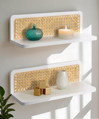 Maxpeuvon Rattan Floating Shelves, Boho Cane Webbing Wall Shelves Farmhouse Display Storage Organizer White Bookshelves Wicker Room Decor for Living Room Bedroom Entryway Hallway Bathroom, Set of 2 thumbnail 6