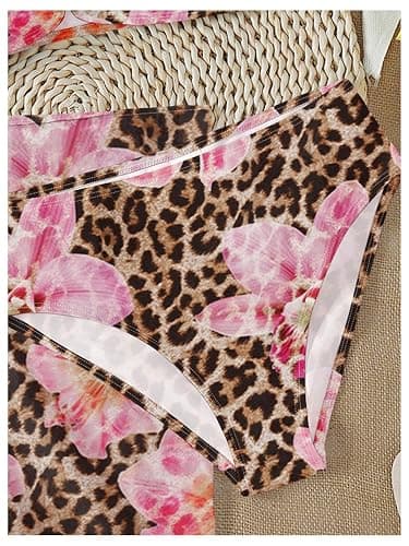 RoseSeek Girls 3 Piece Bikini Set with Beach Skirt Floral Leopard O-Ring Padded Swimsuit for Teen Girls thumbnail 2