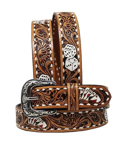 Cowboy Cowgirl Poker Western 1-1/2" Wide Hand Tooled Leather Belt 26FKPoker - Image 1