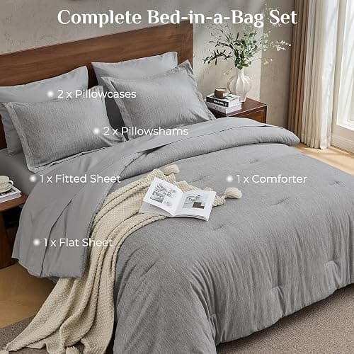 JOLLYVOGUE Grey Queen Comforter Set, Cationic Dyeing Bed in a Bag Queen 7 Pieces, Double-Tone Bedding Set with Down Alternative Comforter, Sheets, Pillowcases & Shams thumbnail 7