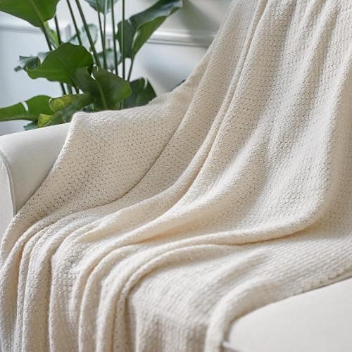 BATTILO HOME White Throw Blanket for Couch, Lightweight Cream Knitted Throw for Sofa Bed Home Decor Textured Soft Cozy Throw with Tassels Suitable All Seasons 50"x60" thumbnail 3