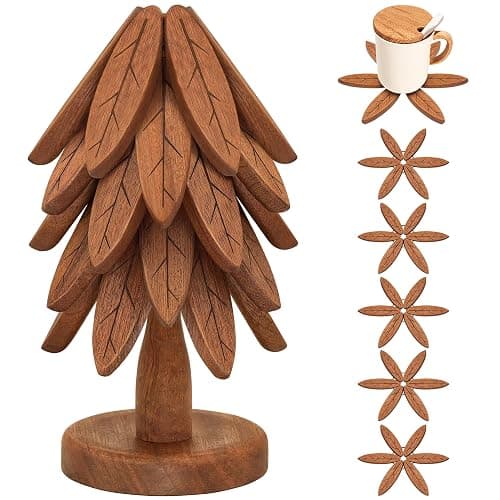 Wooden Trivets for Hot Dishes, Wooden Tree Trivet Set, Tree Coasters - of 5 + 1 Stand stored, Suited for Hots, Pans, Bowl, Teapot, Hot Holders - Multifunctional Ornaments - Image 1
