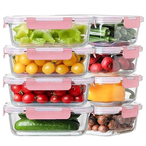 8 Pack 36oz Large Glass Meal Prep Containers with lids, Glass Food Storage Containers with Leak Proof Snap Lock Lids , Airtight Bento lunch Boxes, Kitchen Storage, Oven and Dishwasher Safe-Pink - Image 1