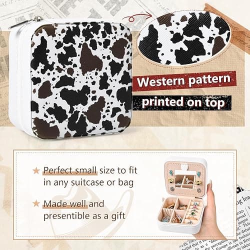 Western Jewelry Box Case Black Brown Cowhide Print Travel Jewelry Organizer Christmas Gifts for Women Country Girls Cowgirl Stuff Small Portable Travel Accessories for Women -White Cowhide thumbnail 4