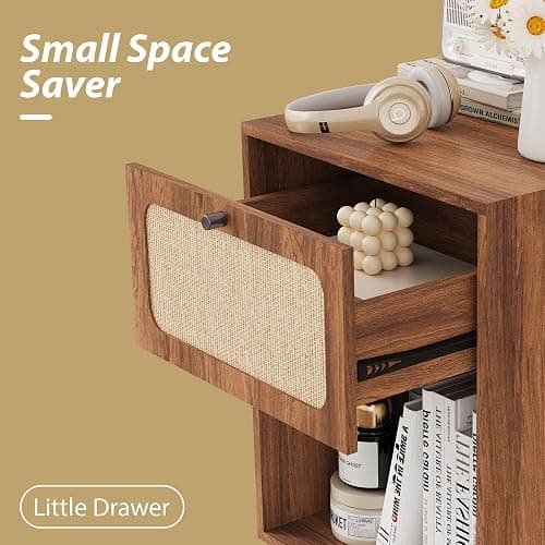 SUJOUCRAFT 16" Nightstands Set of 2, Mid-Century Vintage Wooden Night Stand with Drawer and Open Shelf, Linen Decor Farmhouse Side Table End Tbale for Bedroom, Dorm, Living Room (Walnut) thumbnail 4