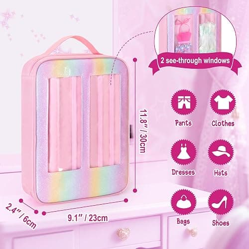 GRAOSO Carrying Case Compatible with Barbie Clothes, Doll Accessories Organizer Bag, 2 Front Transparent Windows, 2 Binders with Several Storage Pockets, Extra Pockets for Doll Stuff, Pink, Case Only thumbnail 3