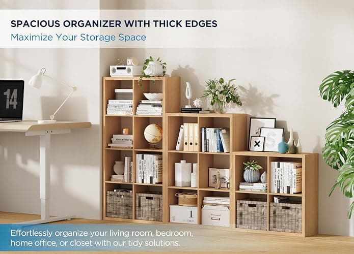 Jpiziso 16-Cube Storage Organizer Bookcase, Thick Frame Wood Grain Storage Shelf, Rectangular Cube Open Back Display Unit, 48.8x9.4x48.8 Inches for Living Room, Bedroom, Home Office, Natural Wood thumbnail 3