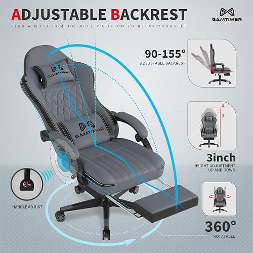 Gamtimer Gaming Chair with Footrest, Ergonomic Computer Chair, PU Breathable Material with Headrest and Lumbar Support, Suitable for Silla Gamer and Adults（Grey） thumbnail 6
