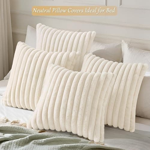decorUhome Set of 4 Faux Fur Throw Pillow Covers 18x18 Inch Decorative Farmhouse Modern Soft Plush Striped Couch Pillow Covers with Velvet Back for Sofa, Bed, Living Room, Cream White thumbnail 6