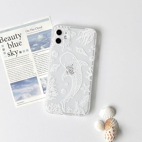 NITITOP Compatible with iPhone 11 Case Clear Cute Shell Whale Sea Ocean Animal Pattern for Women Girls Full Camera Lens Slim Shockproof Protective Phone Cover - White Fish thumbnail 2