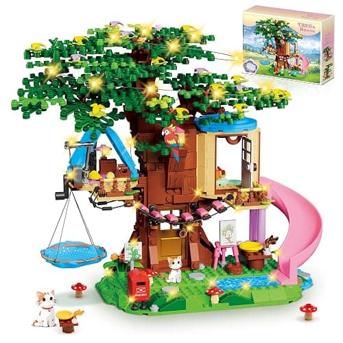 Treehouse Building Set Compatible with Friends, 731PCS Girls Forest Tree House Building Kit Toys with LED Light, Cat, Slide and Sky Hammock, Christmas Birthday Gifts for Kids Girls 6-12 Years Old - Image 1