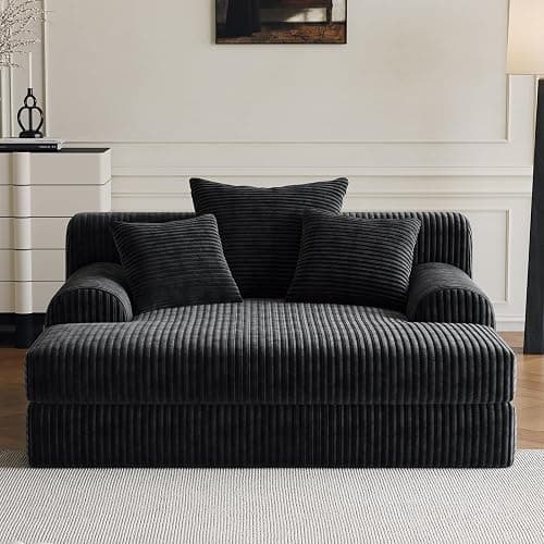 OOFAYJIA Oversized Chaise Lounge Chair Indoor, Corduroy Sofa Bed Sleeper with 3 Throw Pillows, No Assembly, Boneless Cloud Couch for Bedroom Living Room, Black thumbnail 3