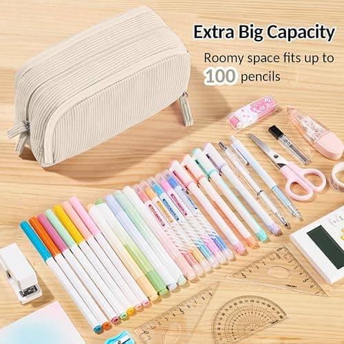 Sooez Big Capacity Pencil Case Pen Pouch, Soft Corduroy Pencil Bag with 3 Compartment, Multiple Pockets, Sturdy Zipper, Cute School Supplies Pen Bag Organizer For Teen Girls College, Beige thumbnail 4