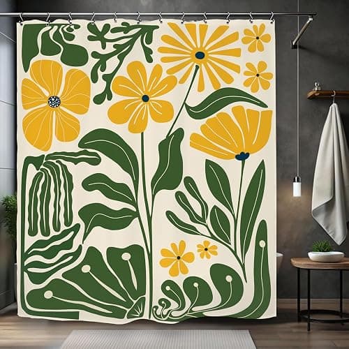 Kalmico Yellow Green Matisse Flower Shower Curtain 60Wx72L Inch Abstract Retro Aesthetic Minimalist Vintage Art 70s Trendy Modern Bathroom Set Accessories Decor with 12 Pack Hooks - Image 1