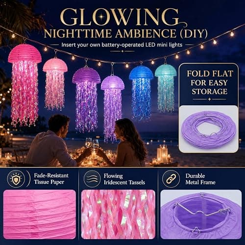 ADLKGG 6-Pack Jellyfish Paper Lanterns, Pink Purple Blue Under The Sea Party Decorations, Mermaid Birthday Decorations for Girls, Hanging Ocean Themed Pool & Beach Party Decor, Classroom Decor thumbnail 5