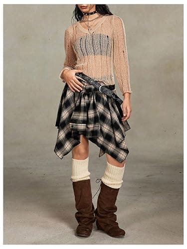 Verdusa Women's Y2k Goth Grunge Plaid Skirts Tie Vintage Asymmetrical Flowy Pleated Mini Skater Skirt thumbnail 5