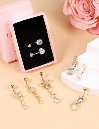 FIASASO 8 Pcs Belly Button Ring Dangle Hypoallergenic Surgical Stainless Steel Belly Rings for Women CZ Pearl Heart Butterfly Bow Flower Navel Piercing Jewelry Dangly Curved Navel Ring thumbnail 4