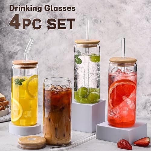 Glass Cups “20oz”,Glass Cups with Lids and Straws 4 pcs-DWTS Coffee Cups,Drinking Glasses Set,Glass Tumbler with Straw and Lid Gift 2 Cleaning Brushes - 1 - 20oz Clear thumbnail 2
