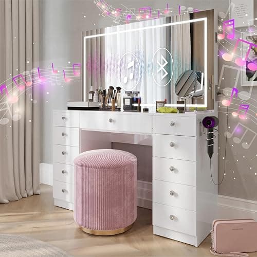 Boahaus Amelia Large Makeup Vanity Desk with Dimmable LED, 2 Bluetooth Speakers, USB Type C & Type A, 110 V Power Outlet, 11 Drawers, Crystal Knobs, Premium White thumbnail 6