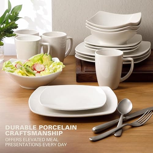 Gibson Home Zen Buffet Porcelain Chip and Scratch Resistant Dinnerware Plates, Bowls, and Mugs Set, Service for 4 (16pcs), White (Square Dishes) thumbnail 2