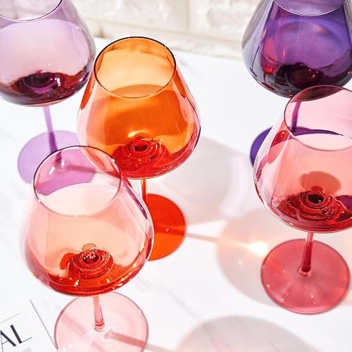 Khen Sunset Colored Crystal Wine Glass Set of 5, Large 20 OZ Glasses, Bright Italian Style Tall Stemmed Drinkware for Red & White Wine, Water Dinner Glasses, Color Beautiful Glassware - (Stemmed) thumbnail 8