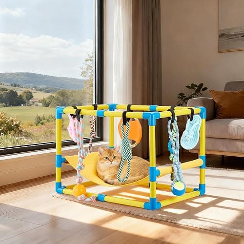 Keaber Puppy Play Gym with 8 Hanging Toys, Jungle Playground Gym for Small Dogs, PVC Frame with Hammock and Funny Enrichment Toys (23x17x17in) thumbnail 7