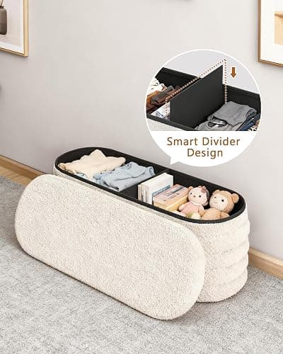 GLAXYFUR Storage Ottoman Bench, 43 Inch Upholstered Entryway Shoe Seat, End of Bed Stool Blanket Chest for Living Room, Hallway, Sherpa White thumbnail 2