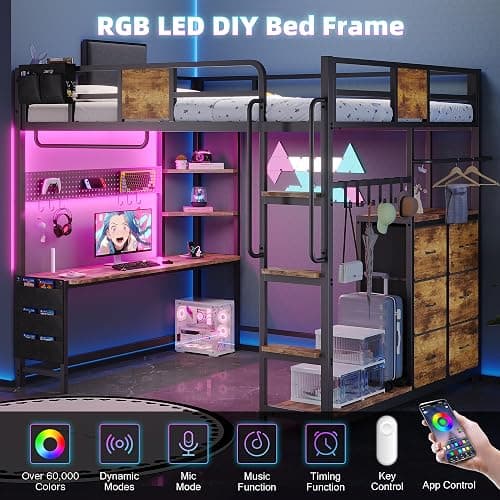Dnxao Full Size Loft Bed with Desk, Heavy Duty Metal Bed Frame for Teens Adults, 6 Storage Drawers, Power Outlet with Type-C, LED Lights, Integrated Study Workstation for Small Room, Rustic Brown thumbnail 7