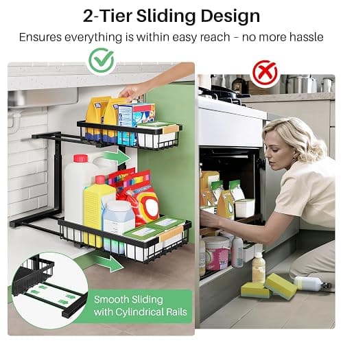 Kitstorack Under Sink Organizer, 2 Tier Under the Sink Storage, Slide out Pull out Cabinet Organizer Shelf, Metal Sliding Drawer for Kitchen Bathroom Pantry Closet Organization Rack, Black, 2 Pack thumbnail 6